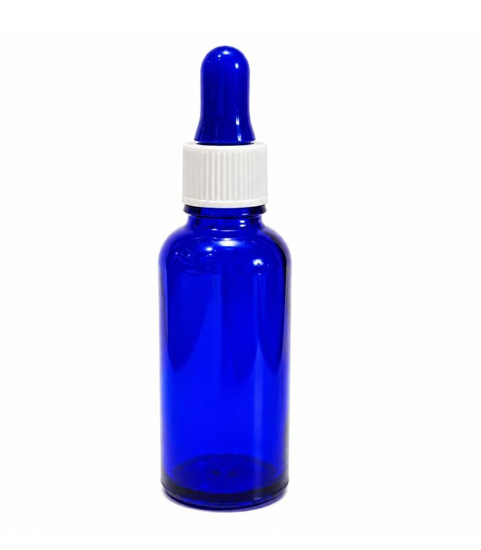 Frasco de vidro azul, 30 ml, com conta-gotas premium.