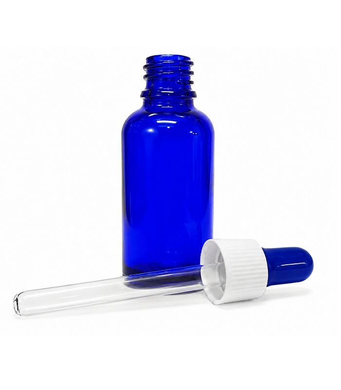 Frasco de vidro azul, 30 ml, com conta-gotas premium.